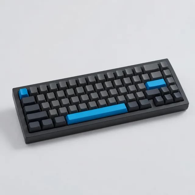 Compact black mechanical keyboard with blue accent keys
